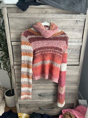 Free People Striped Cowl Neck Sweater in Pink, Orange & Cream